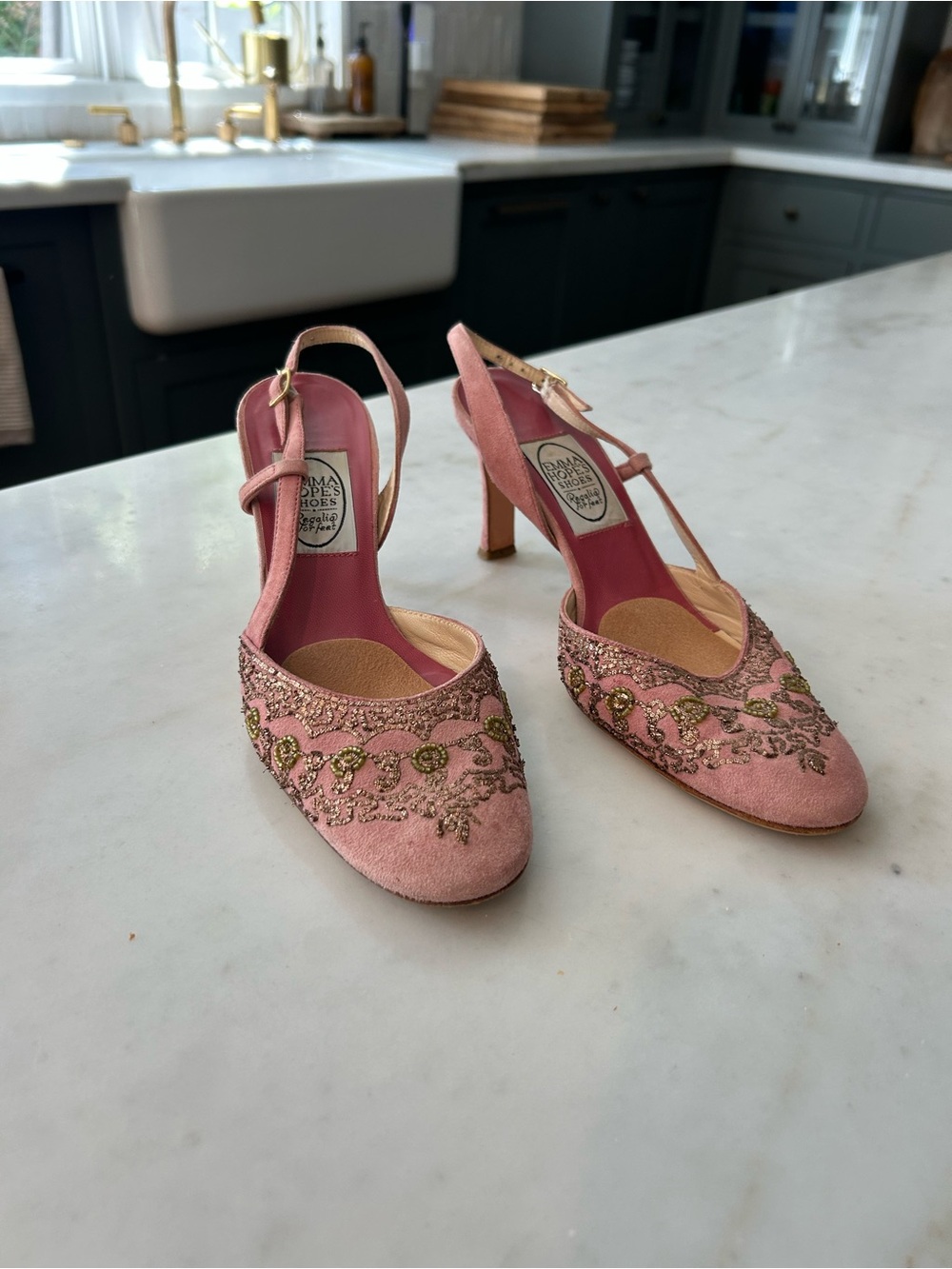 Vintage-Inspired Pink Embellished T-Strap heels